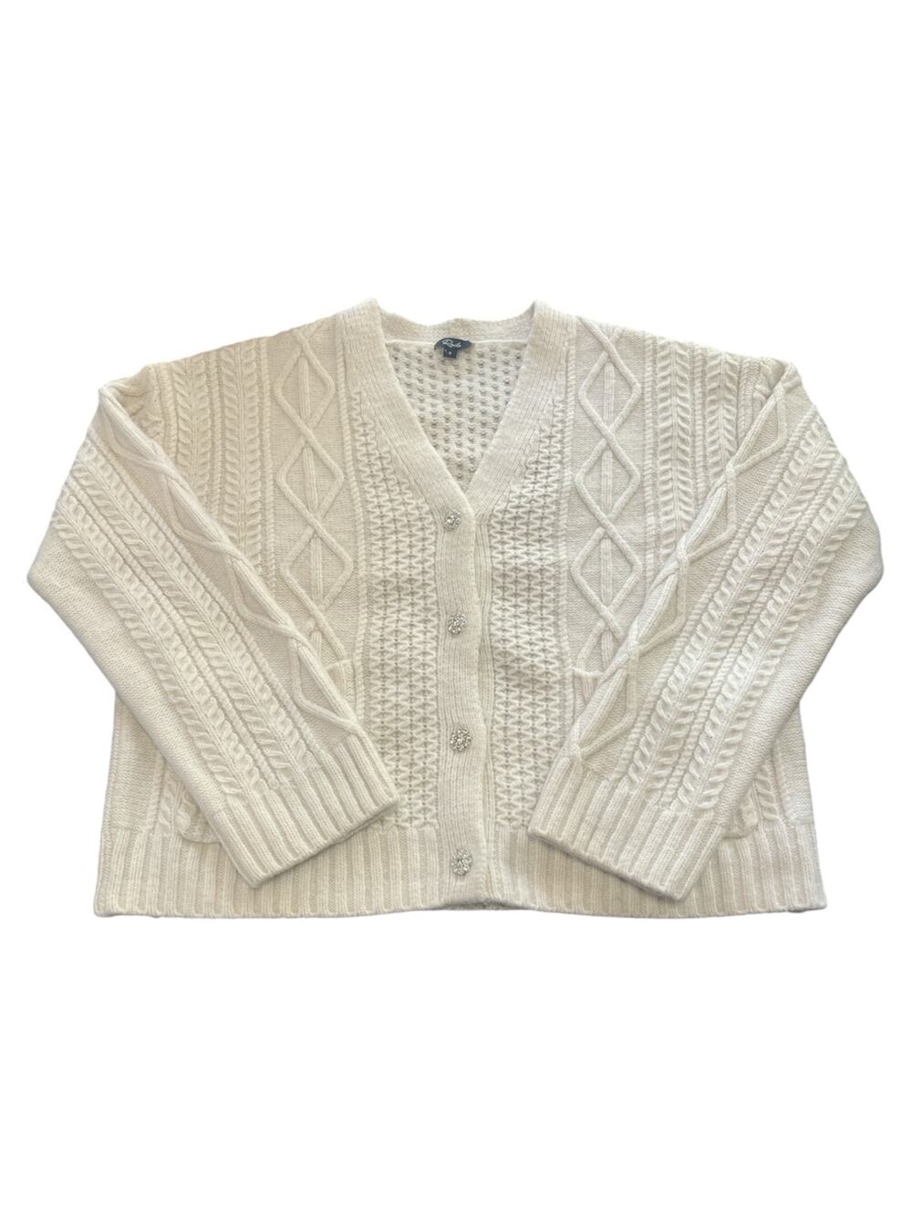 Rails Bixby Cable Knit Sweater-Cardigan-S-Ivory-Wool Bl-Rhinestone Buttons-24